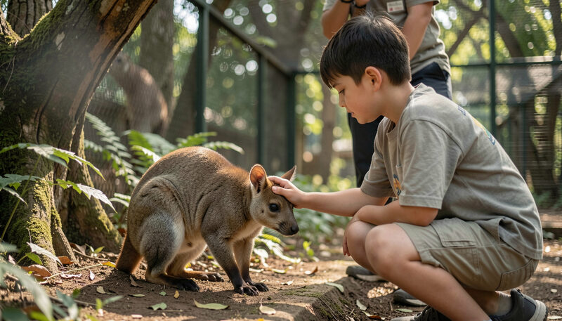A young visitor gently pats a pademelon under staff supervision in a shaded wildlife enclosure