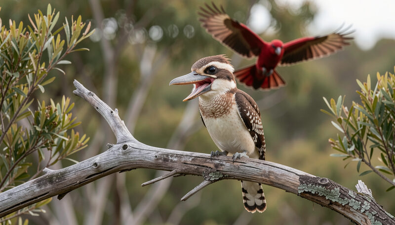 A laughing kookaburra perches on a weathered branch with a crimson rosella flying behind in coastal bush