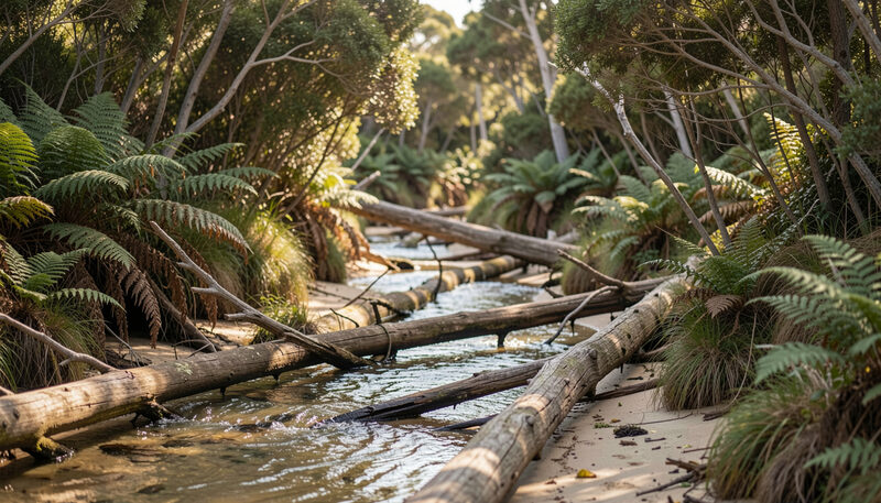 A shallow sandy creek winds through dense coastal bush with ferns, fallen logs and dappled light