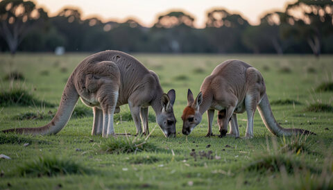 Two eastern grey kangaroos graze beside a smaller red-necked wallaby on green farmland at dusk