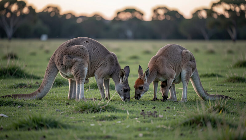 Two eastern grey kangaroos graze beside a smaller red-necked wallaby on green farmland at dusk