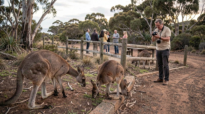 A visitor holds a small camera at waist height beside a sanctuary fence, photographing a wallaby while a keeper talk runs in soft background light