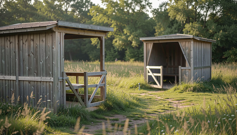 Empty timber viewing enclosures with open gates and overgrown grass under soft afternoon light