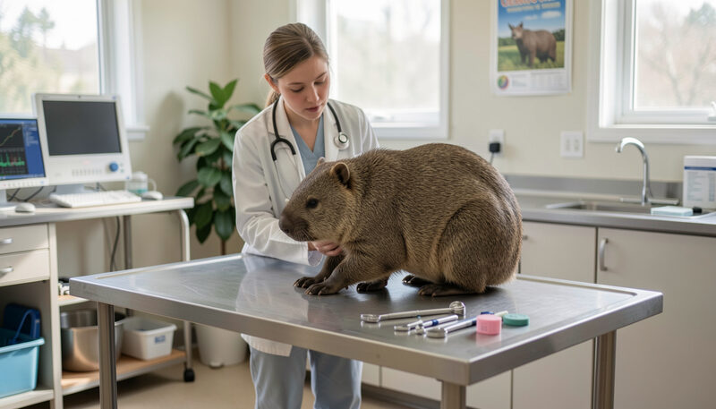 A veterinarian examines a wombat on a steel table in a bright wildlife clinic with medical tools nearby