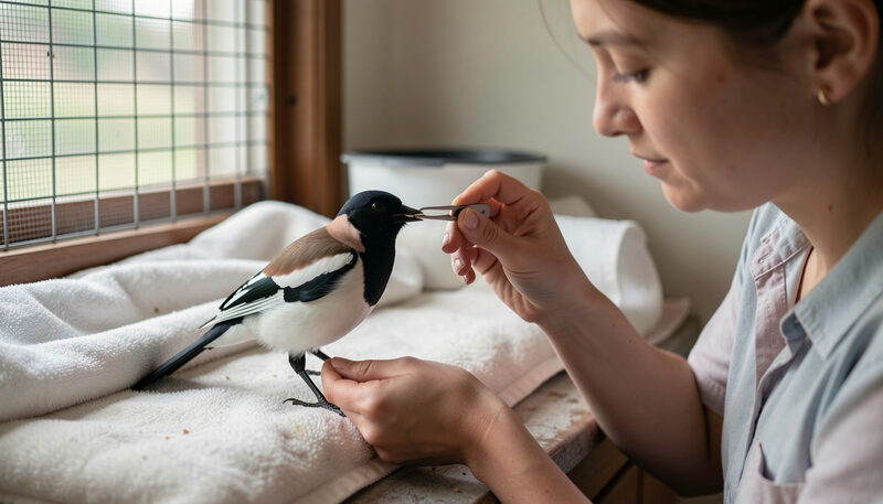 A carer feeds a young magpie with tweezers in a warm indoor enclosure lined with towels