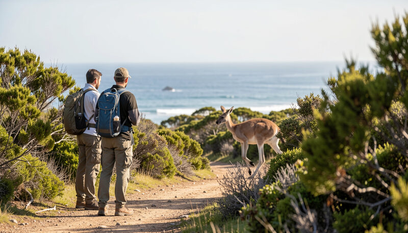 Walkers pause on a bush track as a kangaroo hops past at a distance with coastal scrub around
