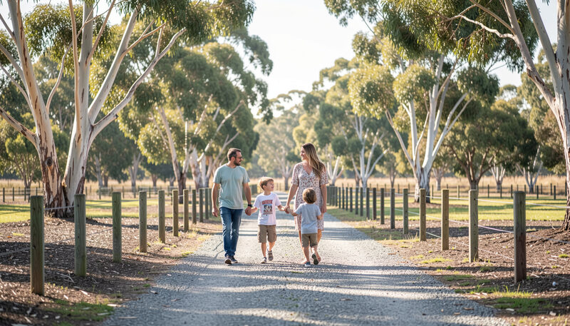 Parents and two children walk along a gravel sanctuary path past low fences and eucalypts on a sunny morning