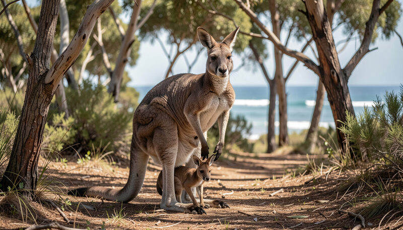 An eastern grey kangaroo stands alert in dappled coastal woodland with a joey peeking from the pouch