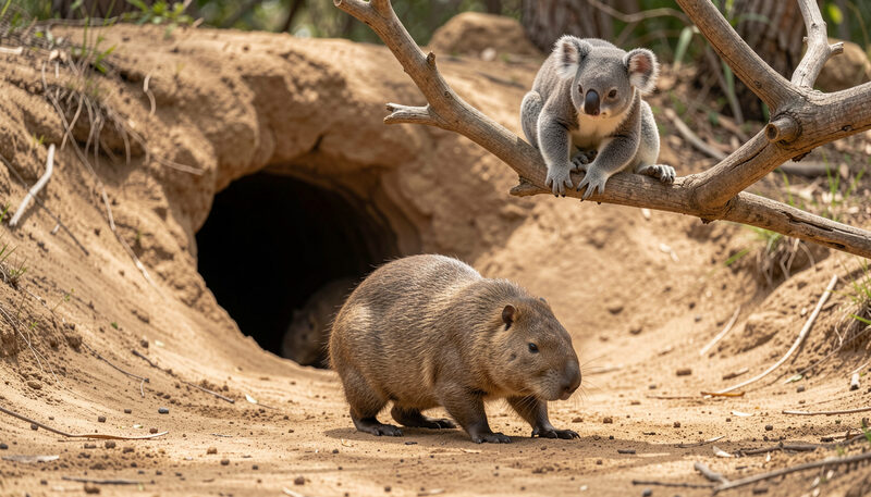 A bare-nosed wombat ambles across sandy soil near a burrow entrance while a koala rests in a fork above